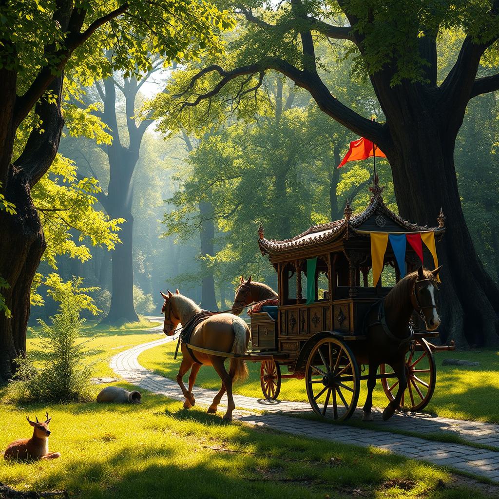 A picturesque medieval scene featuring a classic horse-drawn carriage adorned with intricate woodwork, navigating through a lush woodland filled with towering trees and vibrant green foliage