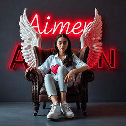 A striking 3D illusion profile picture featuring a 20-year-old girl with a confident look, sitting like a gangster in an elegant wing chair