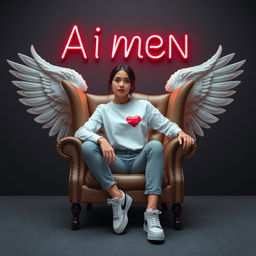 A striking 3D illusion profile picture featuring a 20-year-old girl with a confident look, sitting like a gangster in an elegant wing chair
