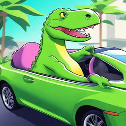 An exceptional digital art image featuring a cartoon-style dinosaur driving a luxurious Lexus car