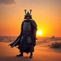 A lone samurai clad in traditional armor, standing in the middle of a vast desert landscape