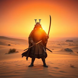 A lone samurai clad in traditional armor, standing in the middle of a vast desert landscape