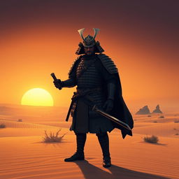 A lone samurai clad in traditional armor, standing in the middle of a vast desert landscape