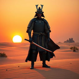 A lone samurai clad in traditional armor, standing in the middle of a vast desert landscape