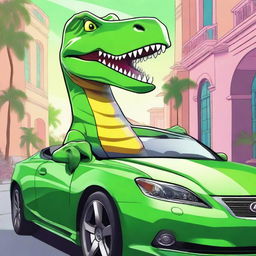 An exceptional digital art image featuring a cartoon-style dinosaur driving a luxurious Lexus car