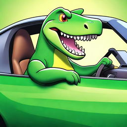 An exceptional digital art image featuring a cartoon-style dinosaur driving a luxurious Lexus car