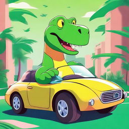 An exceptional digital art image featuring a cartoon-style dinosaur driving a luxurious Lexus car