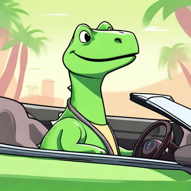 A top-quality digital art image showcasing a sweet, cartoon-style dinosaur at the helm of a luxurious Lexus car