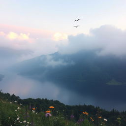 A breathtaking view of a misty mountain landscape at dawn, with soft pastel colors reflecting on the clouds