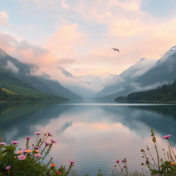 A breathtaking view of a misty mountain landscape at dawn, with soft pastel colors reflecting on the clouds
