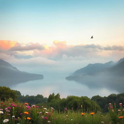A breathtaking view of a misty mountain landscape at dawn, with soft pastel colors reflecting on the clouds