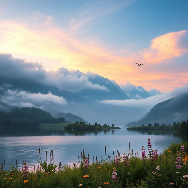 A breathtaking view of a misty mountain landscape at dawn, with soft pastel colors reflecting on the clouds