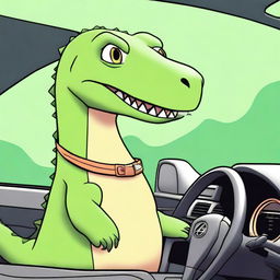 A top-quality digital art image showcasing a sweet, cartoon-style dinosaur at the helm of a luxurious Lexus car