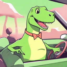 A top-quality digital art image showcasing a sweet, cartoon-style dinosaur at the helm of a luxurious Lexus car