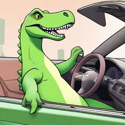 A top-quality digital art image showcasing a sweet, cartoon-style dinosaur at the helm of a luxurious Lexus car