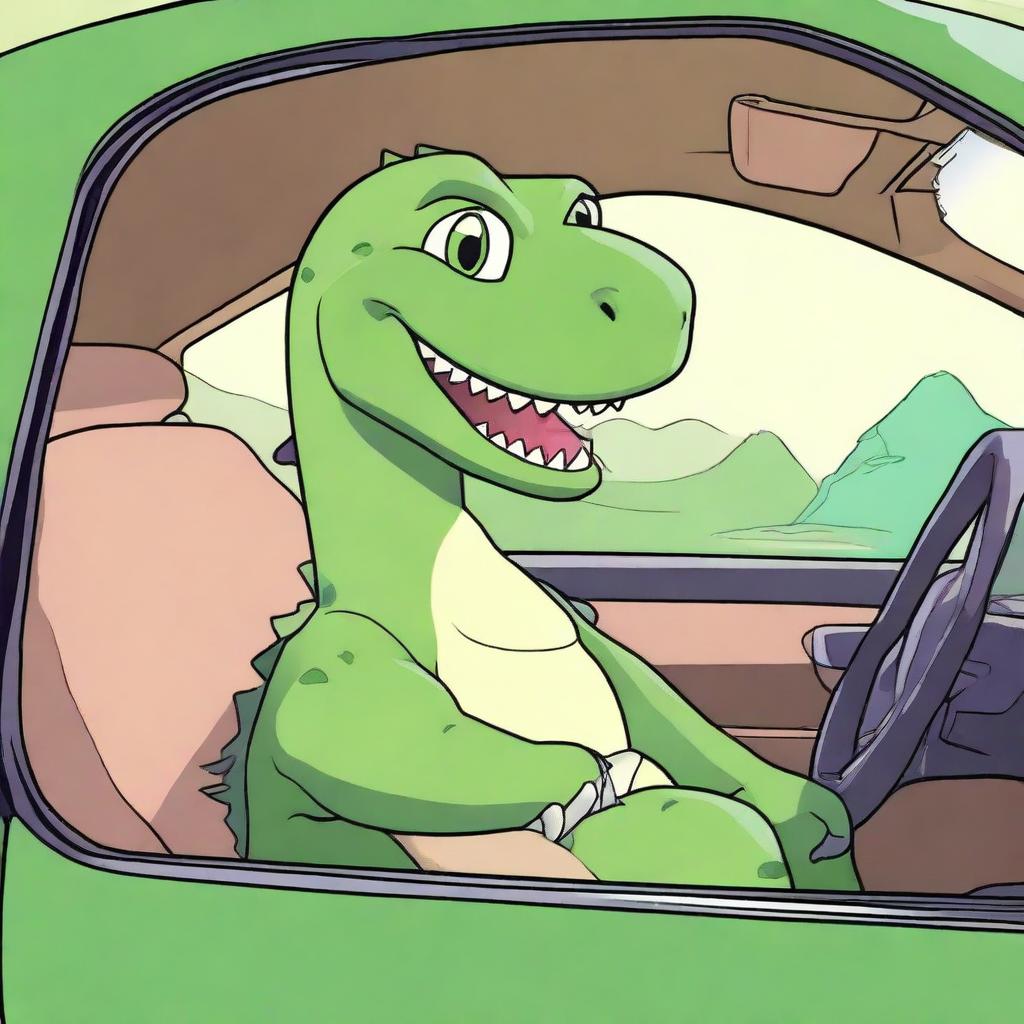 A superior quality digital art image, featuring a sweet, cartoonish dinosaur comfortably seated in a luxurious Lexus car