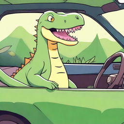 A superior quality digital art image, featuring a sweet, cartoonish dinosaur comfortably seated in a luxurious Lexus car