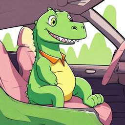 A superior quality digital art image, featuring a sweet, cartoonish dinosaur comfortably seated in a luxurious Lexus car