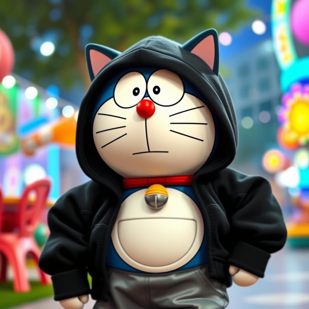 Doraemon, the beloved robotic cat, dressed in a stylish black hoodie that fits snugly, complementing his cartoonish round face and large blue body