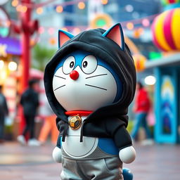 Doraemon, the beloved robotic cat, dressed in a stylish black hoodie that fits snugly, complementing his cartoonish round face and large blue body