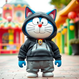 Doraemon, the beloved robotic cat, dressed in a stylish black hoodie that fits snugly, complementing his cartoonish round face and large blue body
