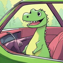 A superior quality digital art image, featuring a sweet, cartoonish dinosaur comfortably seated in a luxurious Lexus car