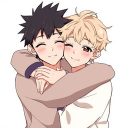 Two anime teenage boys hugging tightly, showcasing their soft, shiny lips and beautiful, clear features