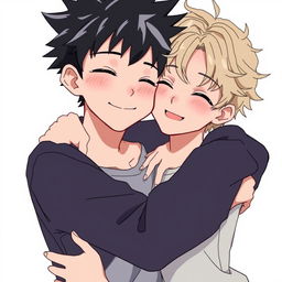 Two anime teenage boys hugging tightly, showcasing their soft, shiny lips and beautiful, clear features