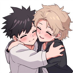 Two anime teenage boys hugging tightly, showcasing their soft, shiny lips and beautiful, clear features