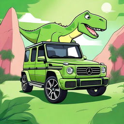 A high-quality digital art image featuring a cartoon-style dinosaur driving a Mercedes G AMG