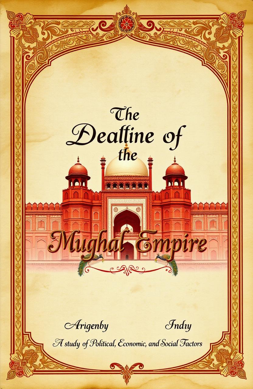 A detailed and vibrant cover page for a history project titled "The Decline of the Mughal Empire"