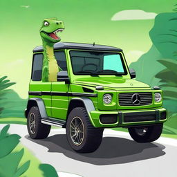 A high-quality digital art image featuring a cartoon-style dinosaur driving a Mercedes G AMG