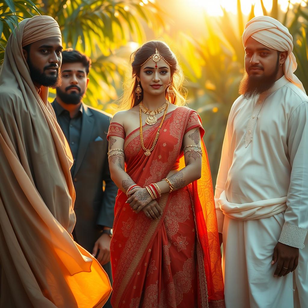 A serene and artistic scene depicting a Hindu woman standing gracefully, embodying traditional beauty with intricate henna designs on her skin, surrounded by Muslim men dressed in elegant, culturally appropriate attire