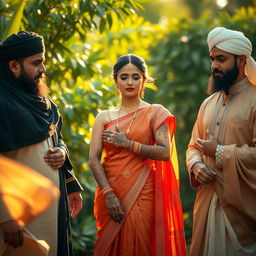 A serene and artistic scene depicting a Hindu woman standing gracefully, embodying traditional beauty with intricate henna designs on her skin, surrounded by Muslim men dressed in elegant, culturally appropriate attire