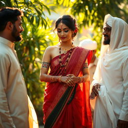 A serene and artistic scene depicting a Hindu woman standing gracefully, embodying traditional beauty with intricate henna designs on her skin, surrounded by Muslim men dressed in elegant, culturally appropriate attire