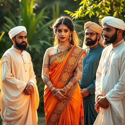 A serene and artistic scene depicting a Hindu woman standing gracefully, embodying traditional beauty with intricate henna designs on her skin, surrounded by Muslim men dressed in elegant, culturally appropriate attire