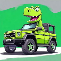 A high-quality digital art image featuring a cartoon-style dinosaur driving a Mercedes G AMG