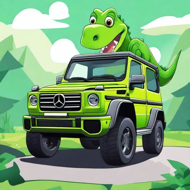 A high-quality digital art image featuring a cartoon-style dinosaur driving a Mercedes G AMG