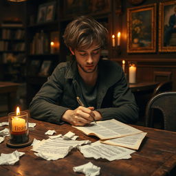 A poet sitting at a rustic wooden table in a cozy, candlelit cafe, penning evocative lyrics for a new song