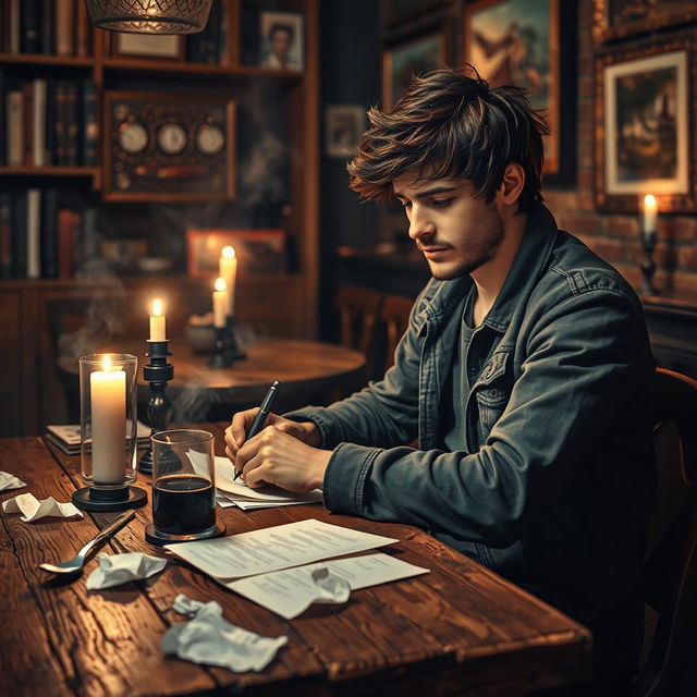 A poet sitting at a rustic wooden table in a cozy, candlelit cafe, penning evocative lyrics for a new song