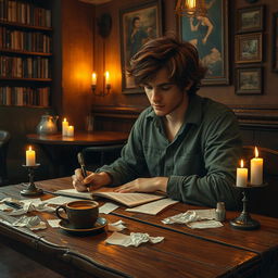 A poet sitting at a rustic wooden table in a cozy, candlelit cafe, penning evocative lyrics for a new song