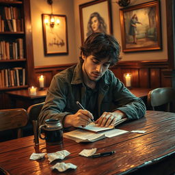 A poet sitting at a rustic wooden table in a cozy, candlelit cafe, penning evocative lyrics for a new song