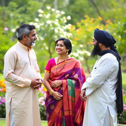 A serene outdoor scene featuring a Hindu woman dressed in a colorful traditional saree, engaging in a friendly conversation with two Muslim men, who are wearing kurta pajamas