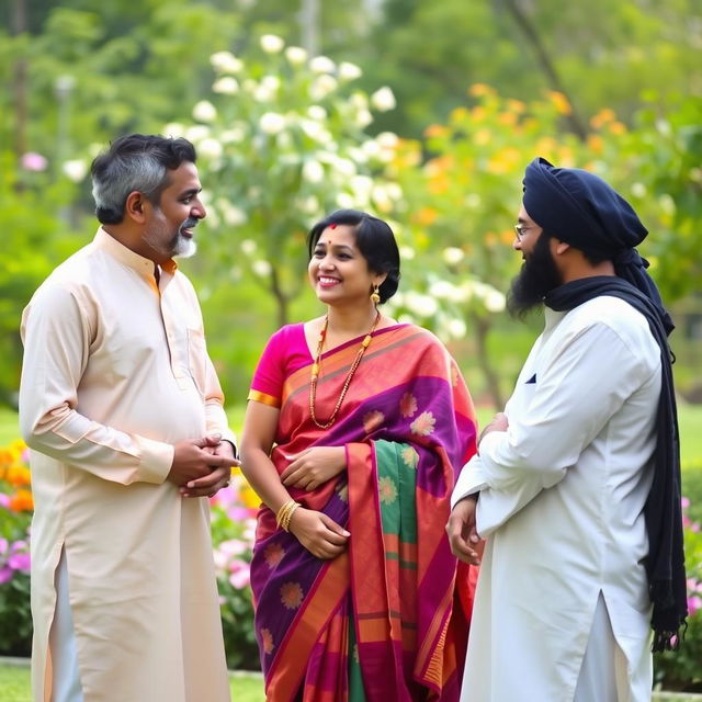 A serene outdoor scene featuring a Hindu woman dressed in a colorful traditional saree, engaging in a friendly conversation with two Muslim men, who are wearing kurta pajamas