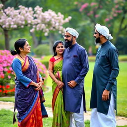 A serene outdoor scene featuring a Hindu woman dressed in a colorful traditional saree, engaging in a friendly conversation with two Muslim men, who are wearing kurta pajamas