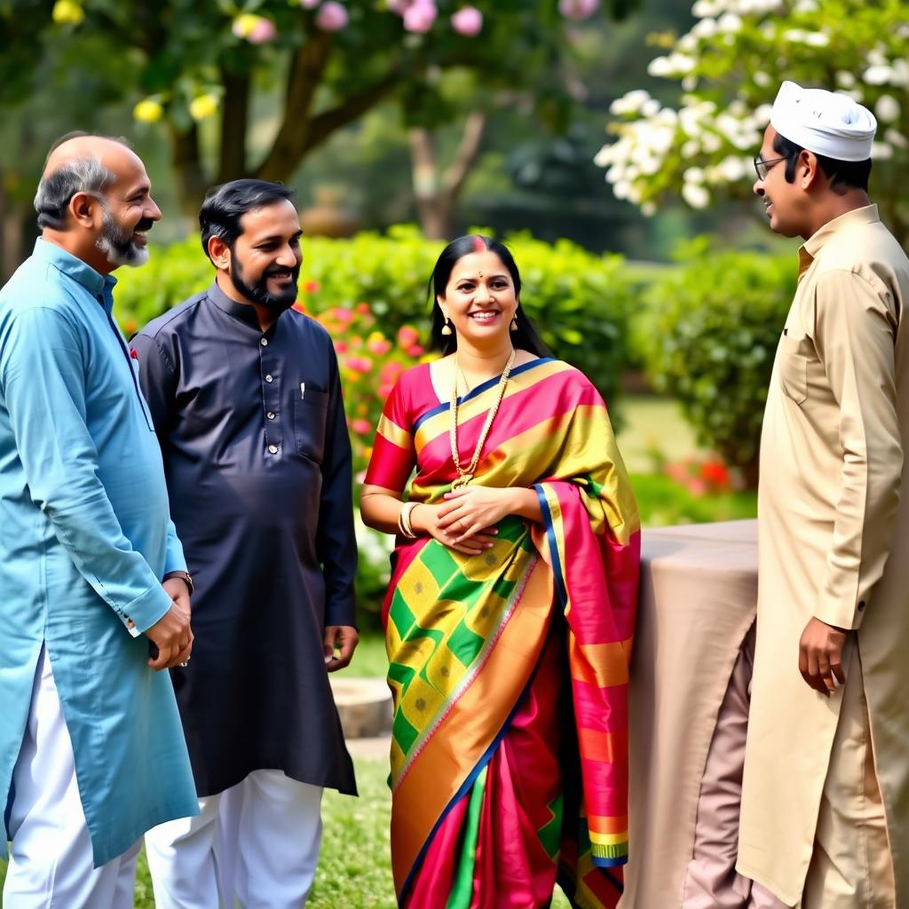 A serene outdoor scene featuring a Hindu woman dressed in a colorful traditional saree, engaging in a friendly conversation with two Muslim men, who are wearing kurta pajamas