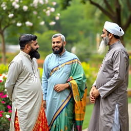 A serene outdoor scene featuring a Hindu woman dressed in a colorful traditional saree, engaging in a friendly conversation with two Muslim men, who are wearing kurta pajamas