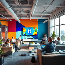 A modern and sleek design for an IT company office, featuring an open layout with stylish furniture, a large screen displaying the company's logo, colorful accent walls promoting creativity and innovation, and tech gadgets scattered around