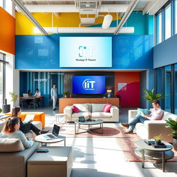 A modern and sleek design for an IT company office, featuring an open layout with stylish furniture, a large screen displaying the company's logo, colorful accent walls promoting creativity and innovation, and tech gadgets scattered around