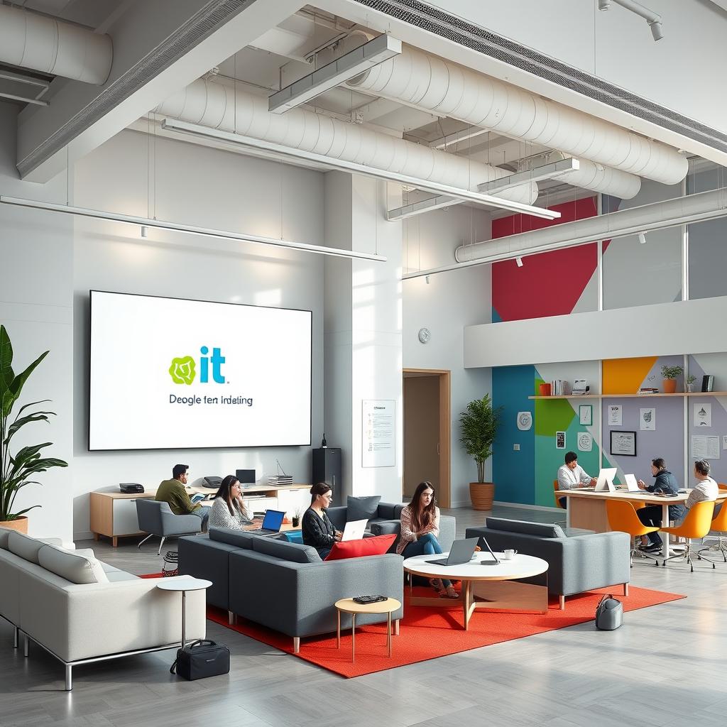 A modern and sleek design for an IT company office, featuring an open layout with stylish furniture, a large screen displaying the company's logo, colorful accent walls promoting creativity and innovation, and tech gadgets scattered around